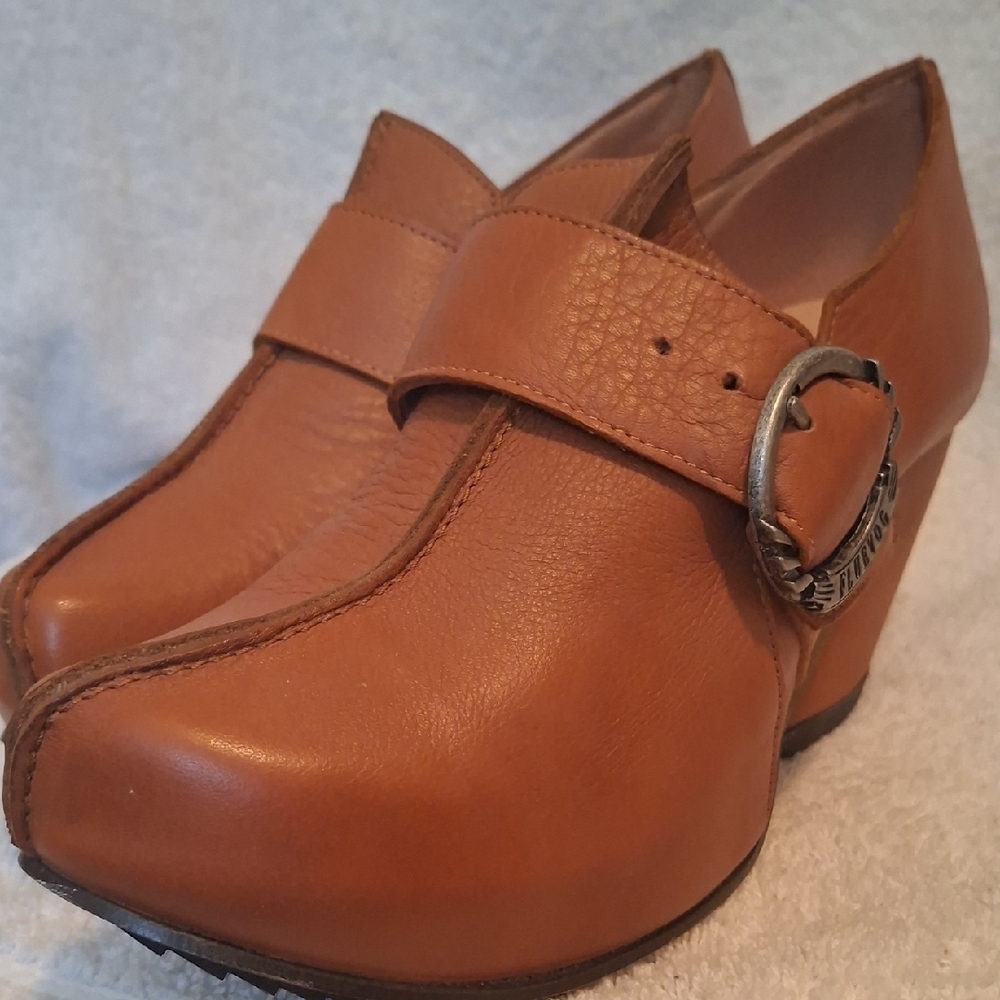Leather Buckle Clog Heels in Cognac Brown - Picture 7 of 12